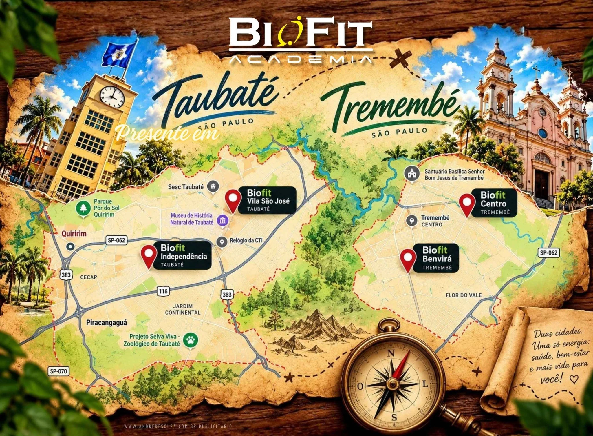 Mapa ilustrado da presença da Biofit em Taubaté e Tremembé com as quatro unidades